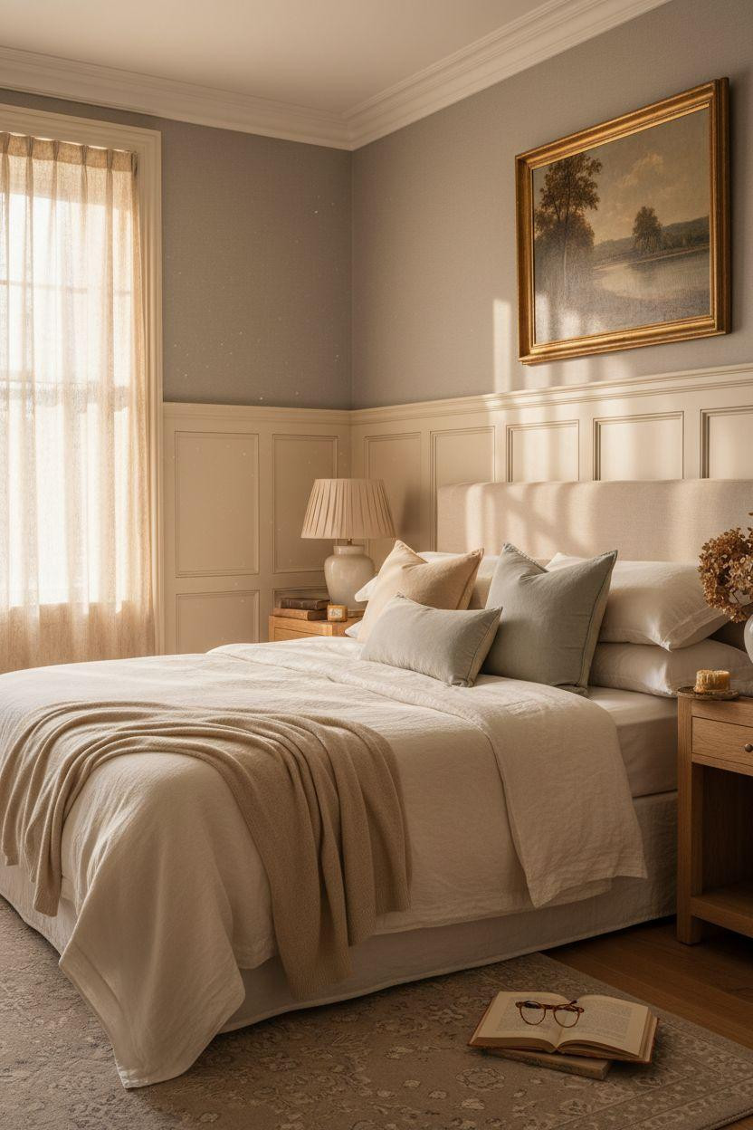 Wainscoting bedroom in Edwardian style with two-tone wall treatment