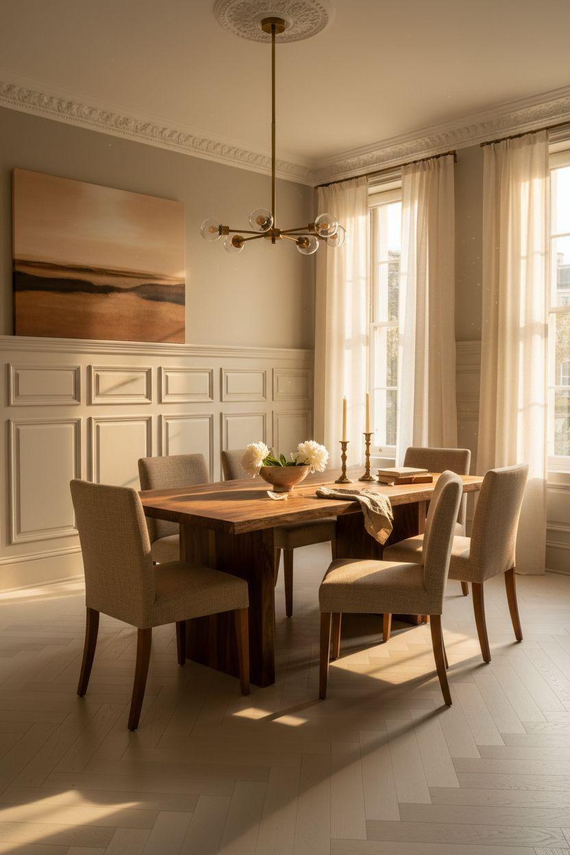Wainscoting dining room with white panels and walnut furniture