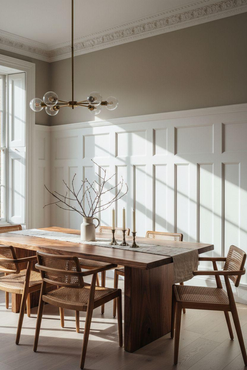 Wainscoting dining room with geometric panel layout
