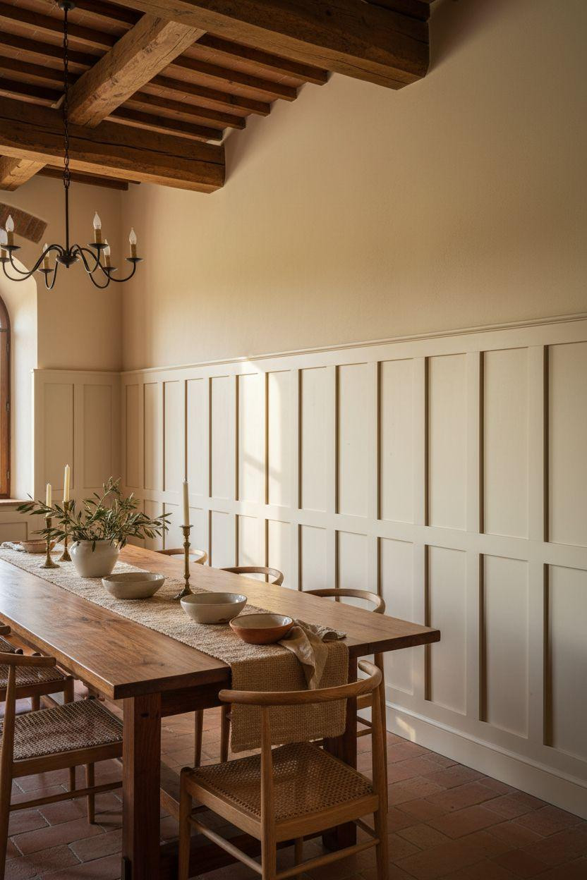 Wainscoting dining room with Tuscan inspired board and batten