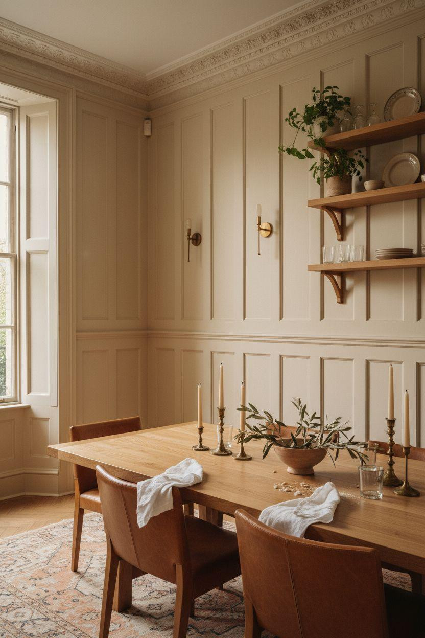 Wainscoting dining room with half wall paneling in warm ivory