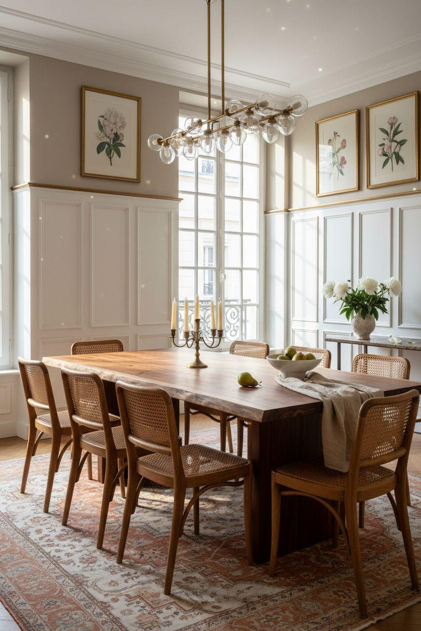Wainscoting dining room with half wall panels and arched windows