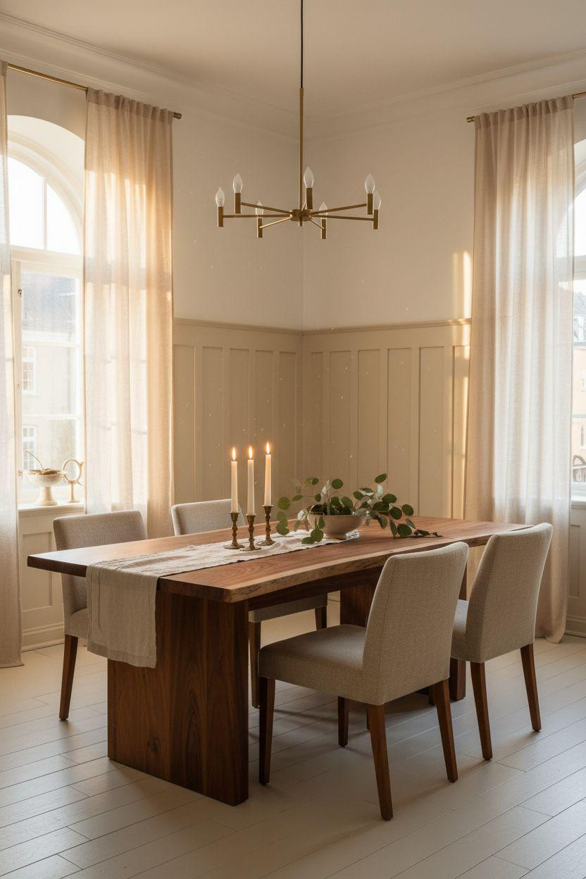 Wainscoting dining room with geometric panels and brass accents