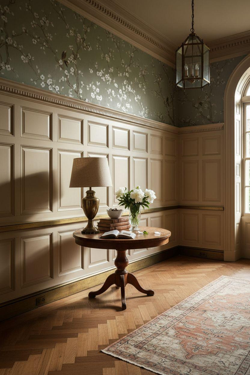 wainscoting styles - georgian revival with sage wallpaper