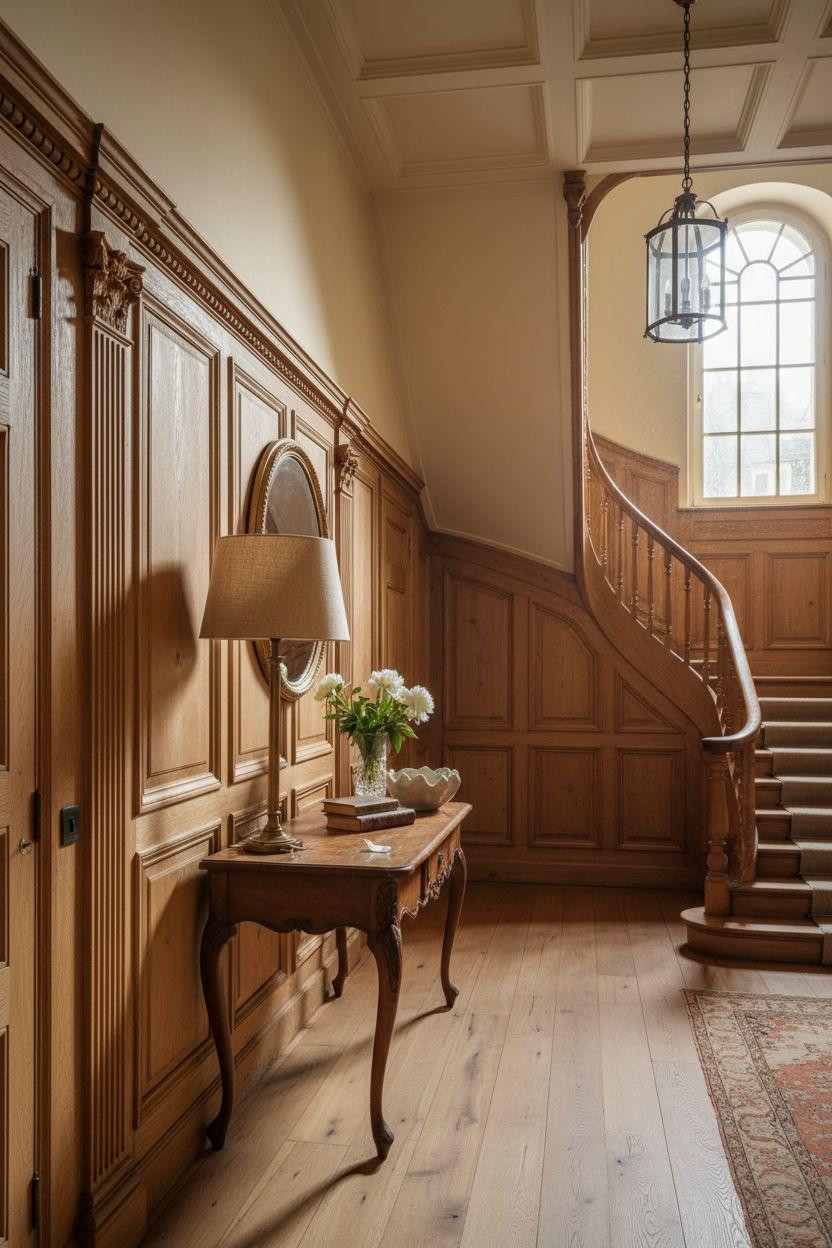 wainscoting styles - grand foyer with honey oak panels
