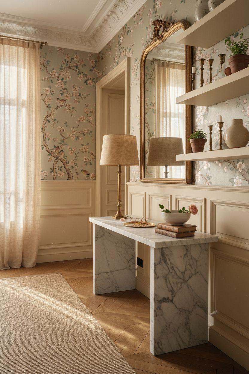 wainscoting styles - ethereal parisian foyer with walnut