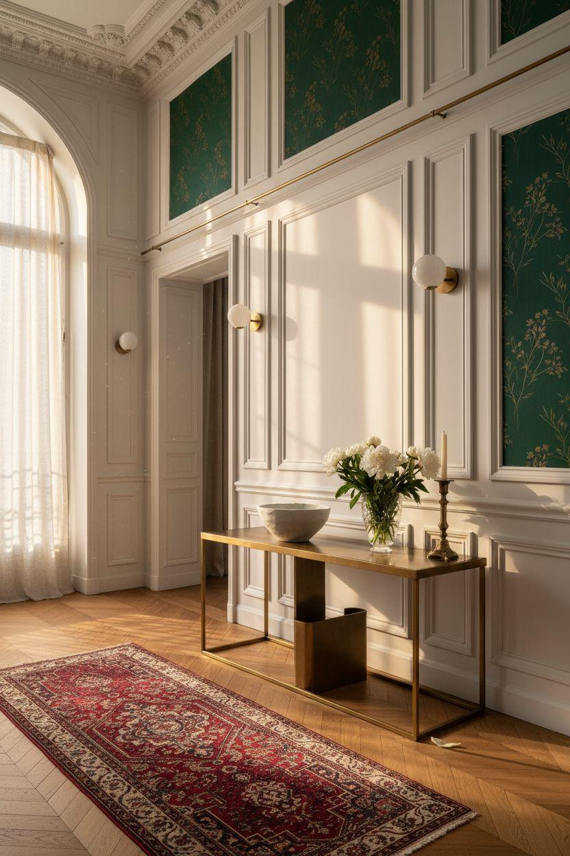wainscoting styles - modern parisian entry with green wallpaper