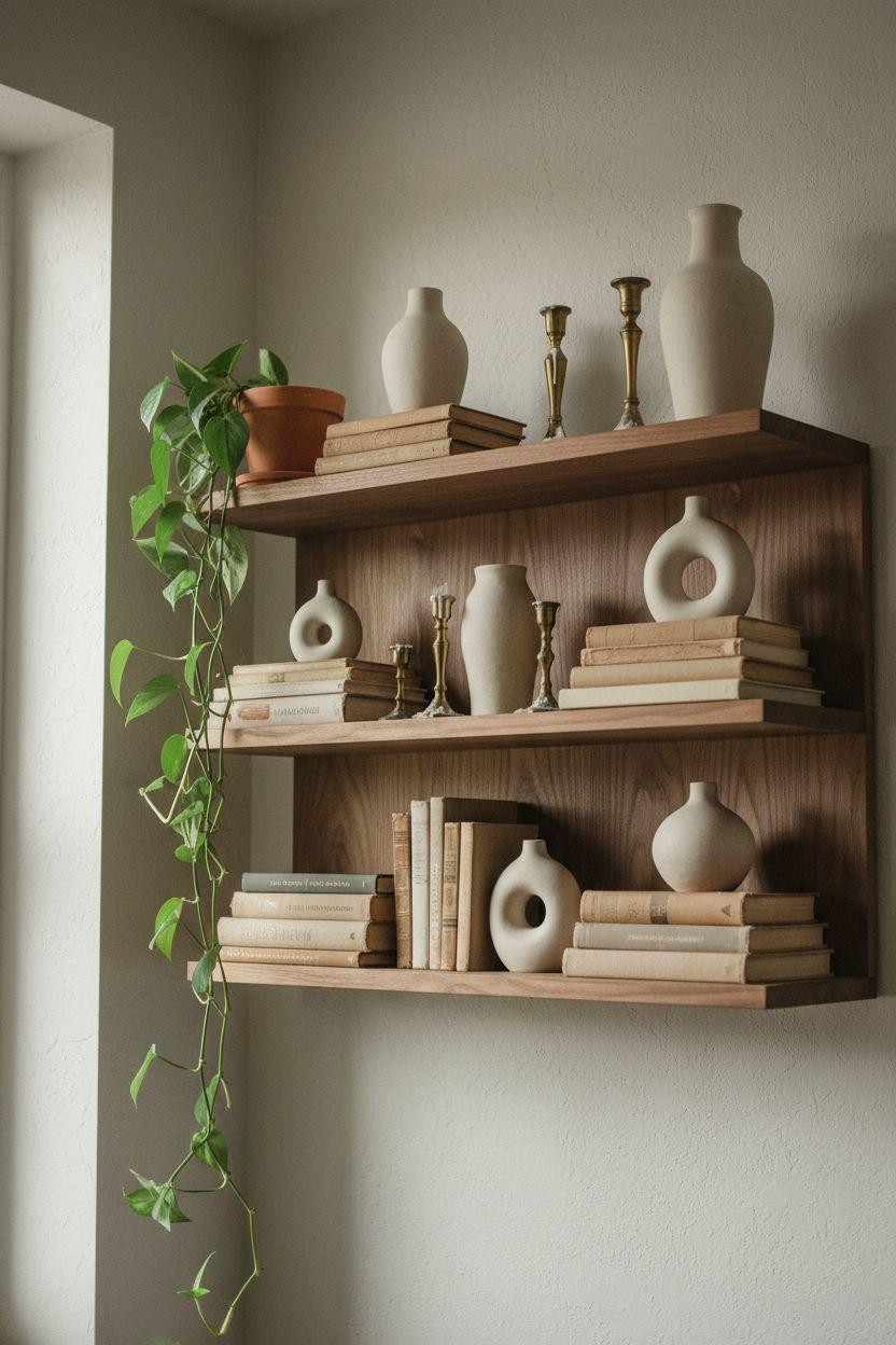 Shelf Decor Living Room - walnut floating shelf with vintage books and brass candleholders