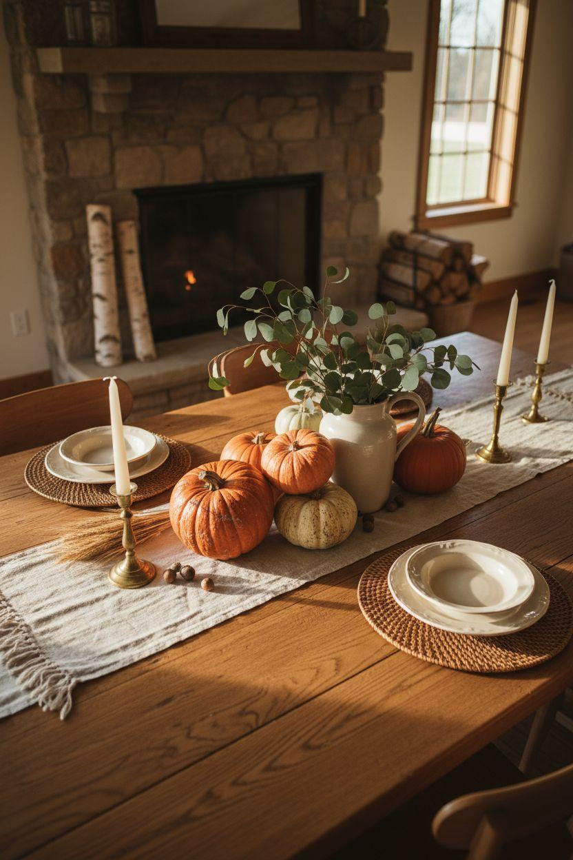 Cozy farmhouse living room and dining area with autumn table decor