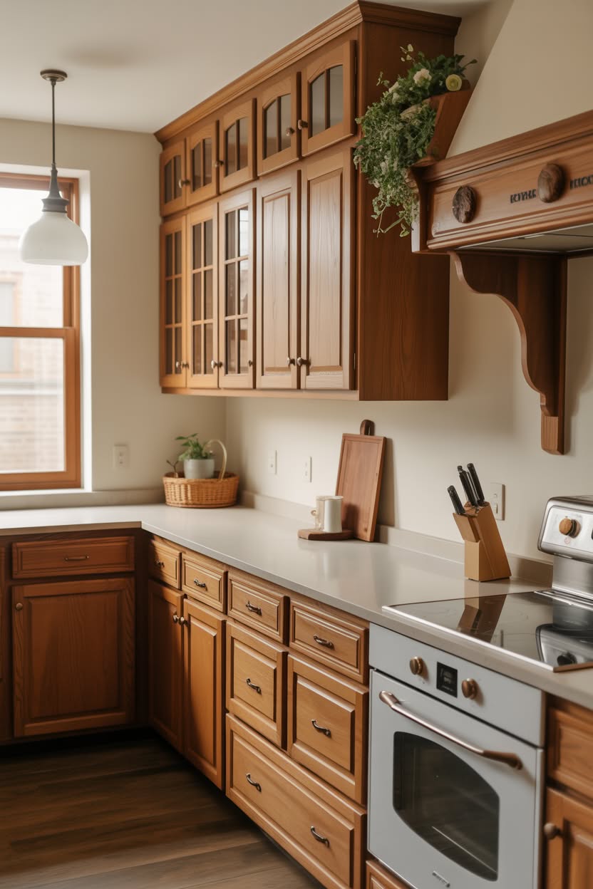Traditional warm toned kitchen with honey oak raised panel cabinets, glass front upper doors, decorative wood hood, and white countertops