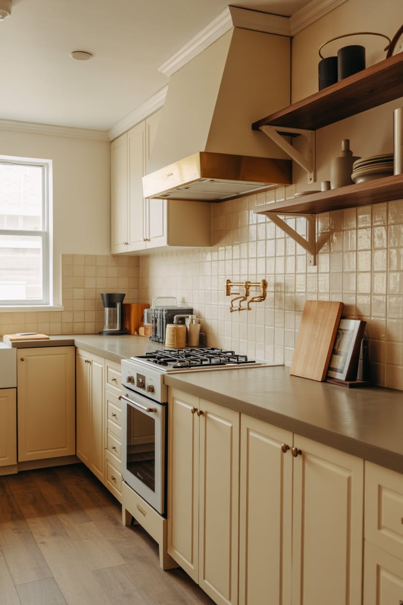 Warm white kitchen with cream shaker cabinets, glossy square tile backsplash, brass pot filler, and dark wood floating shelves