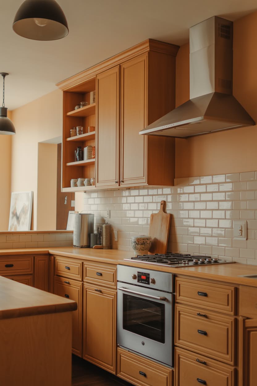 Warm toned kitchen with honey oak cabinets, white subway tile backsplash, butcher block counters, and stainless range hood