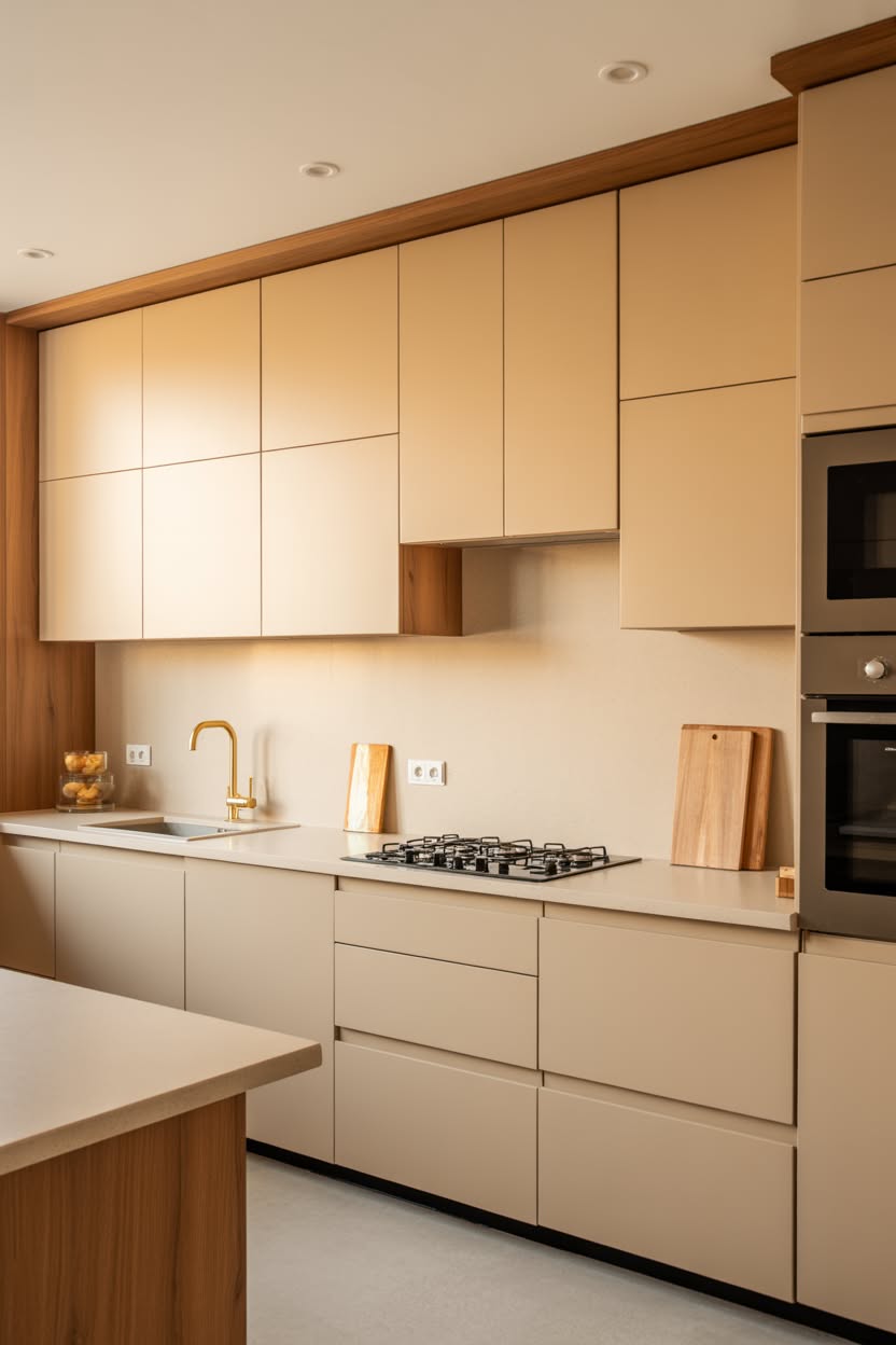 Ultra-modern warm white kitchen with flat-front handleless beige cabinets, wood trim surround, built-in ovens, and brass faucet