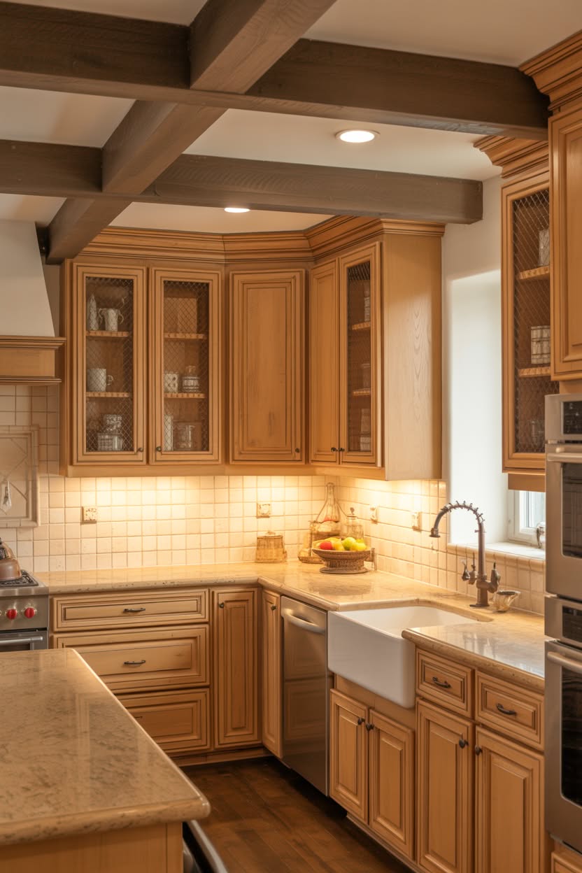 French country warm toned kitchen with honey wood cabinets, wire mesh cabinet fronts, exposed ceiling beams, and farmhouse sink