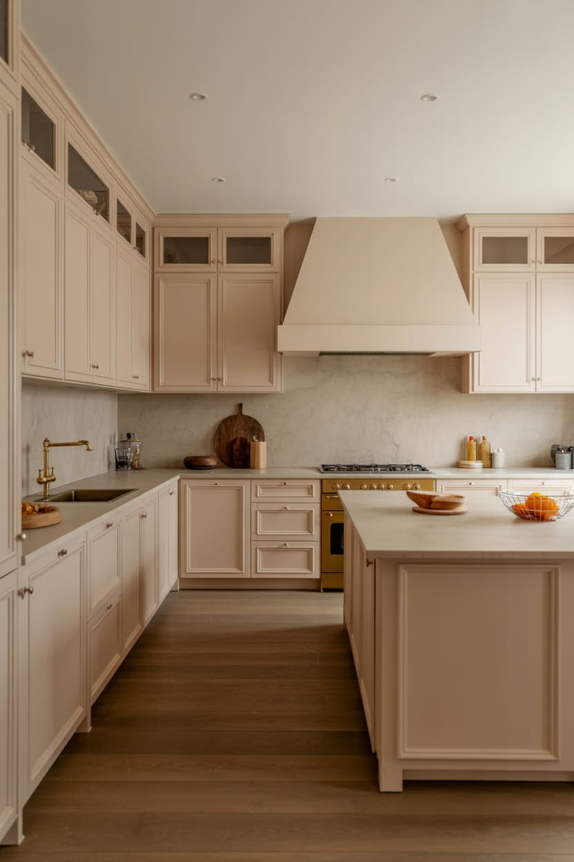 Elegant warm white kitchen with soft blush cream cabinets, marble backsplash, gold range, and large kitchen island