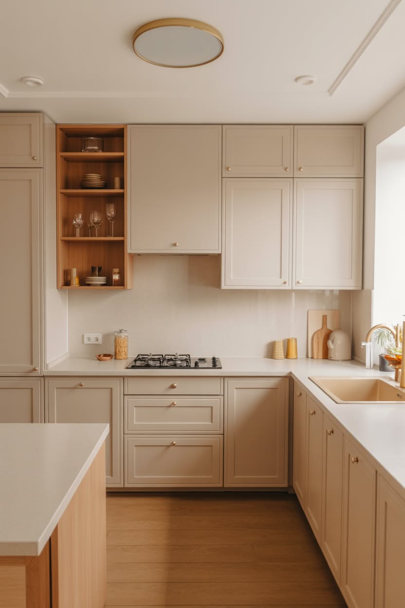 L-shaped white and beige kitchen with greige cabinets, open wood shelving displaying glassware, and gold hardware