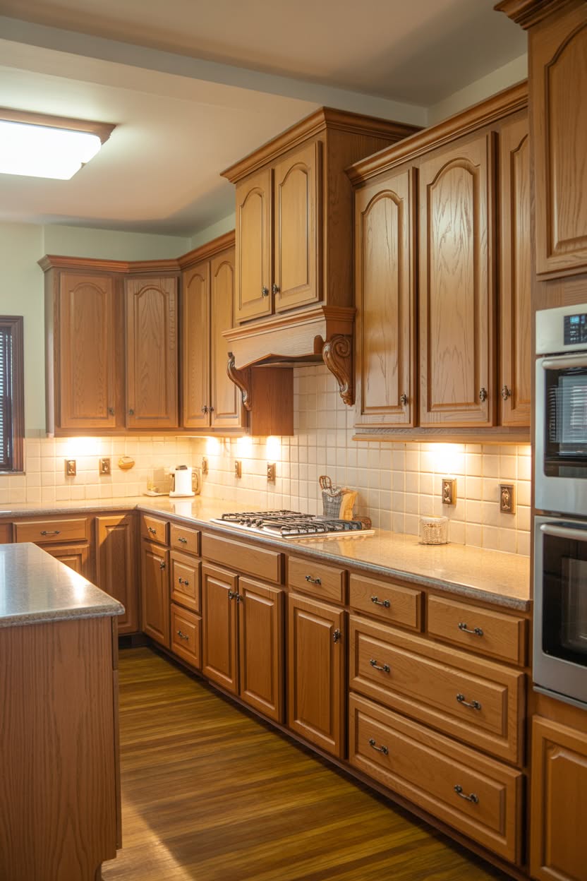 Traditional warm toned kitchen with golden oak cathedral arch cabinets, decorative wood hood with corbels, and under cabinet lighting