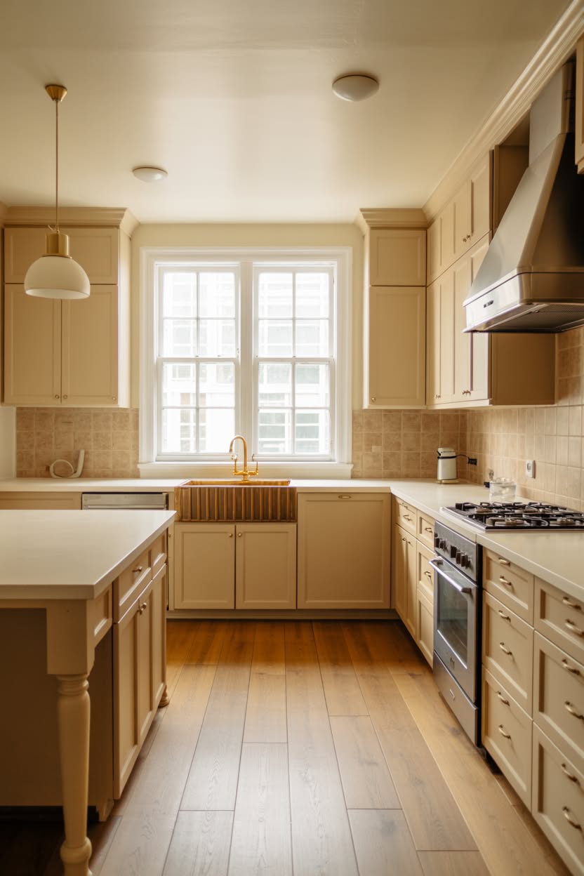 U-shaped warm white kitchen with cream cabinets, copper farmhouse sink, terracotta tile backsplash, and large window