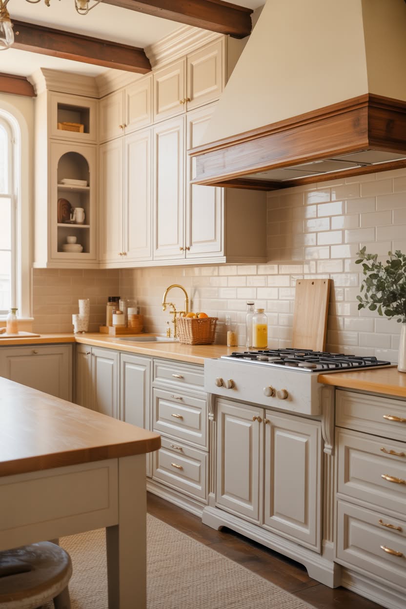 French-inspired cream and wood kitchen with wood beam trim on hood, butcher block counters, subway tile, and arched cabinet niche