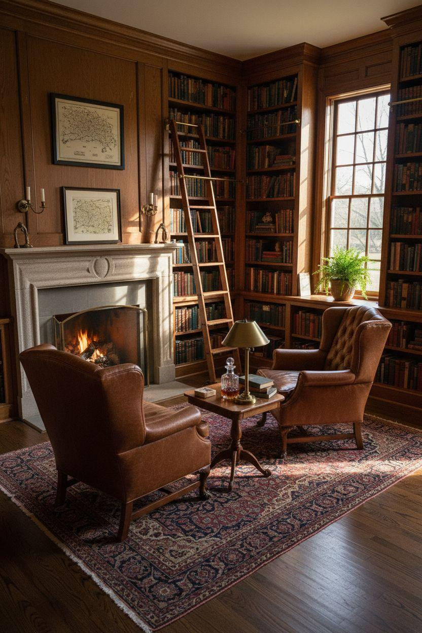 Home Library Rooms Ideas - classic library with stone fireplace and leather seating