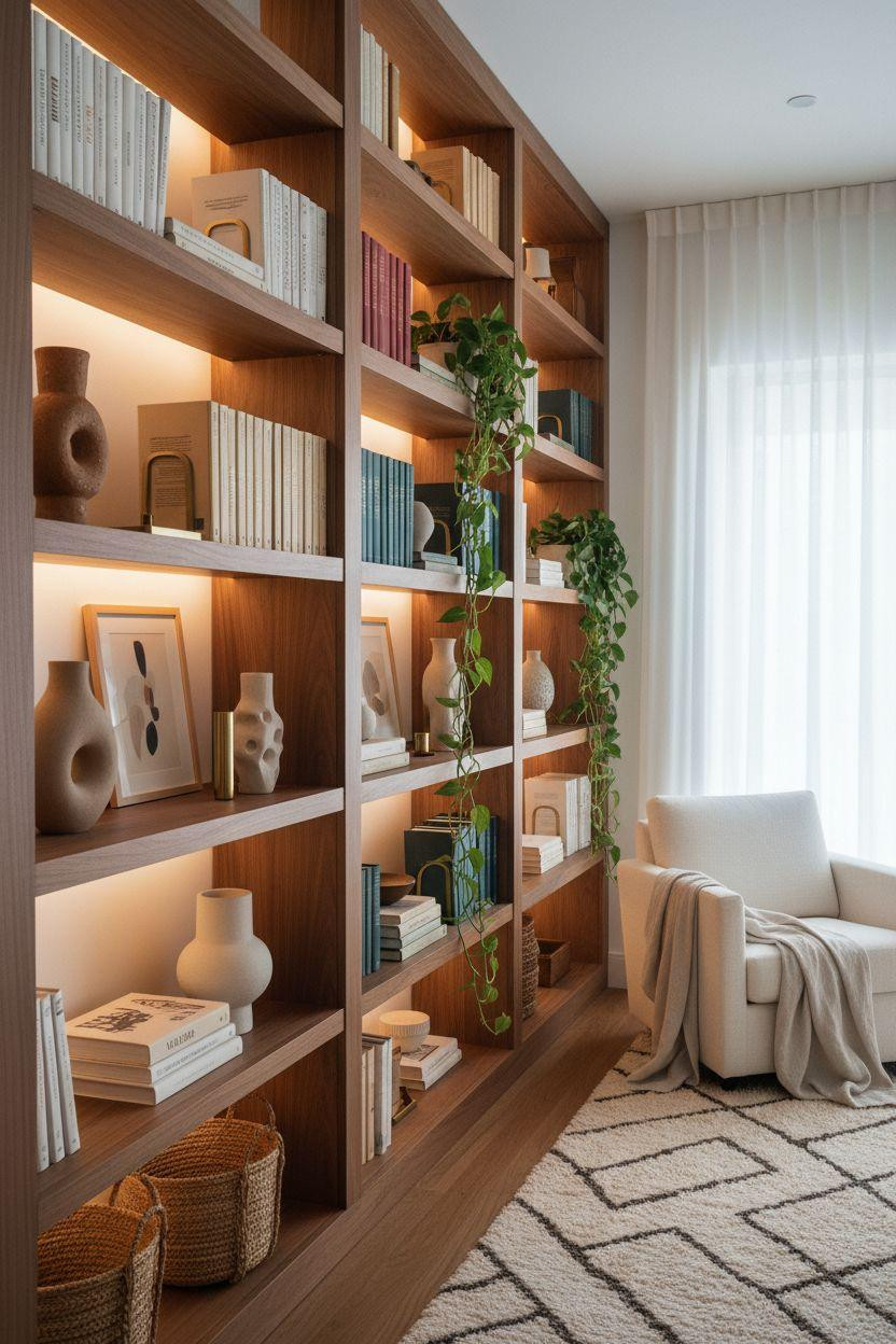 Bookshelf living room with walnut shelving and LED backlighting