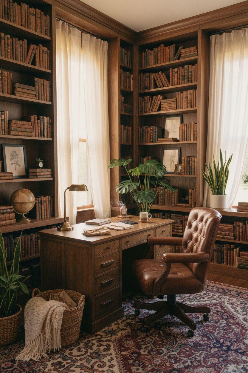 Home Office Library Ideas - walnut shelves with cognac chair and plants