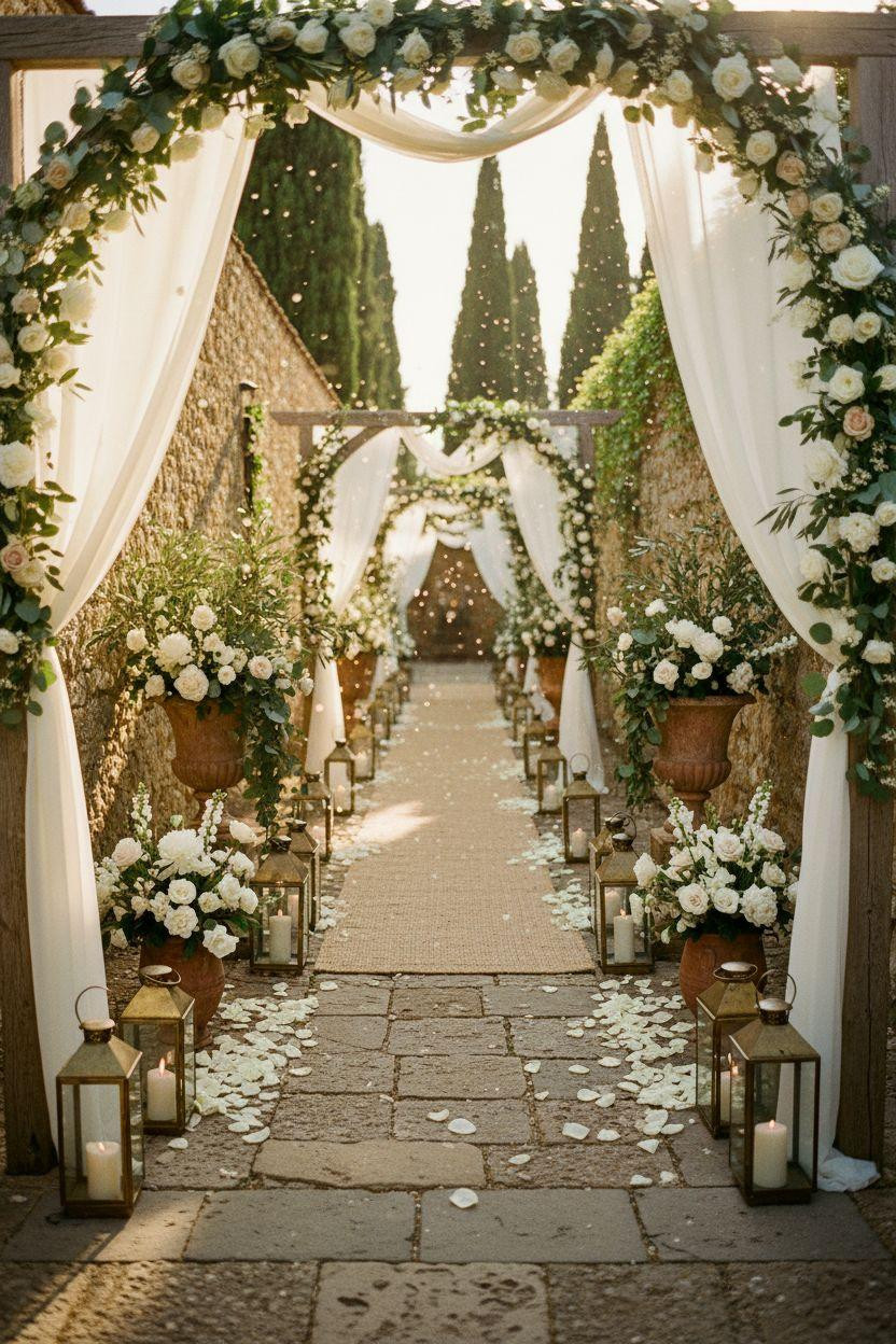Wedding Walkway - wooden arbor frame with eucalyptus garland and candles
