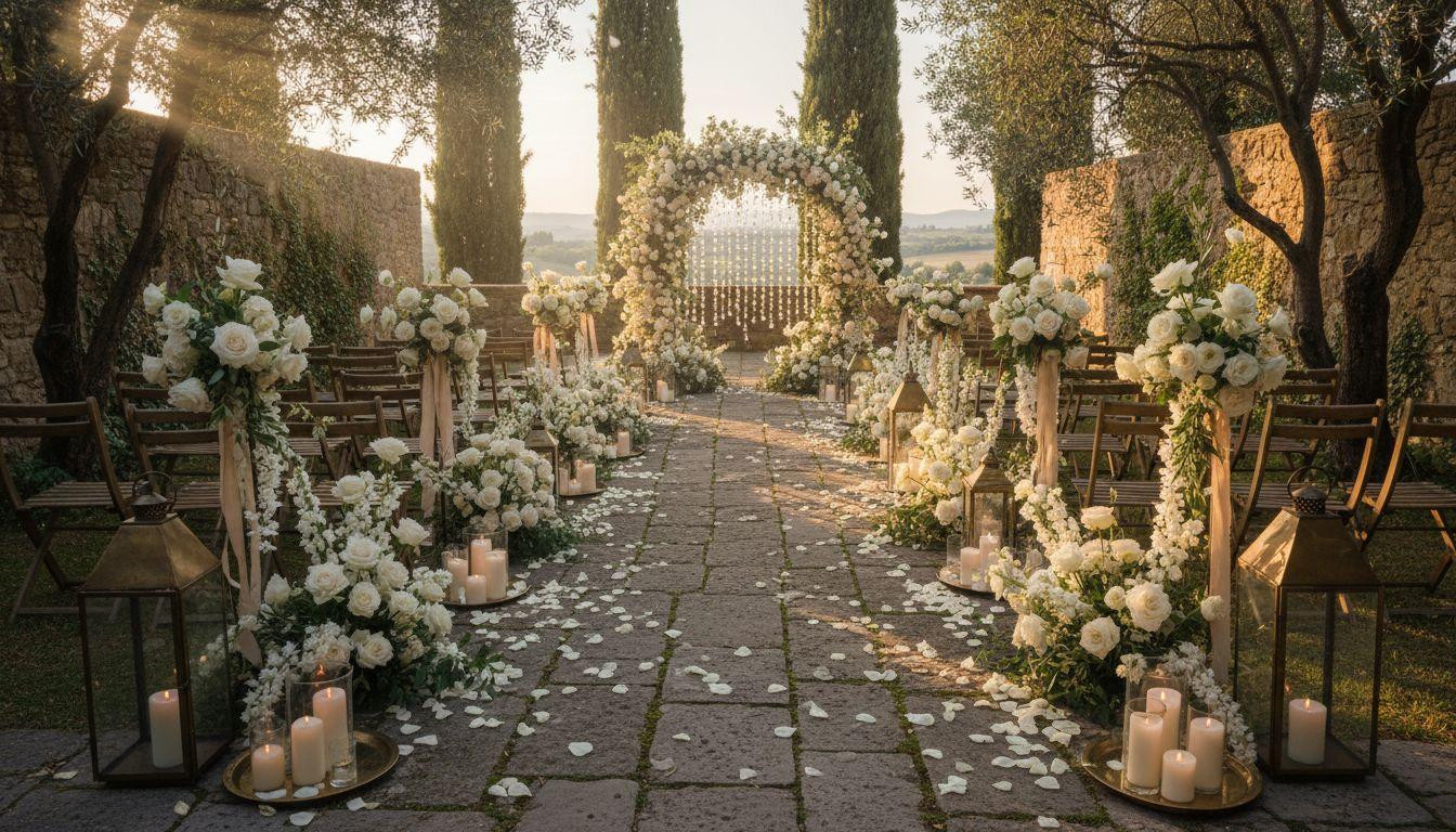 Wedding Walkway - Tuscan villa ceremony with olive branches and votives