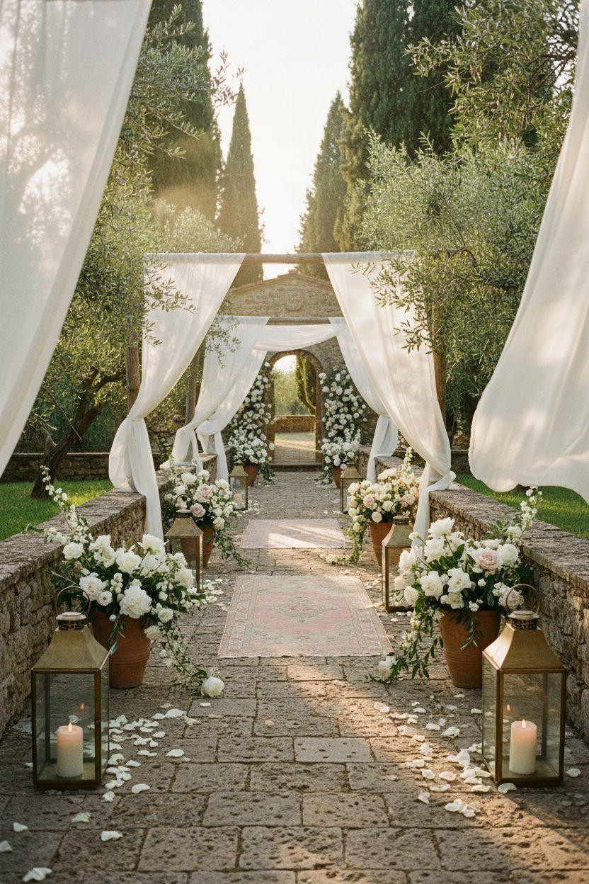 Wedding Walkway - silk fabric panels with jasmine and terracotta urns