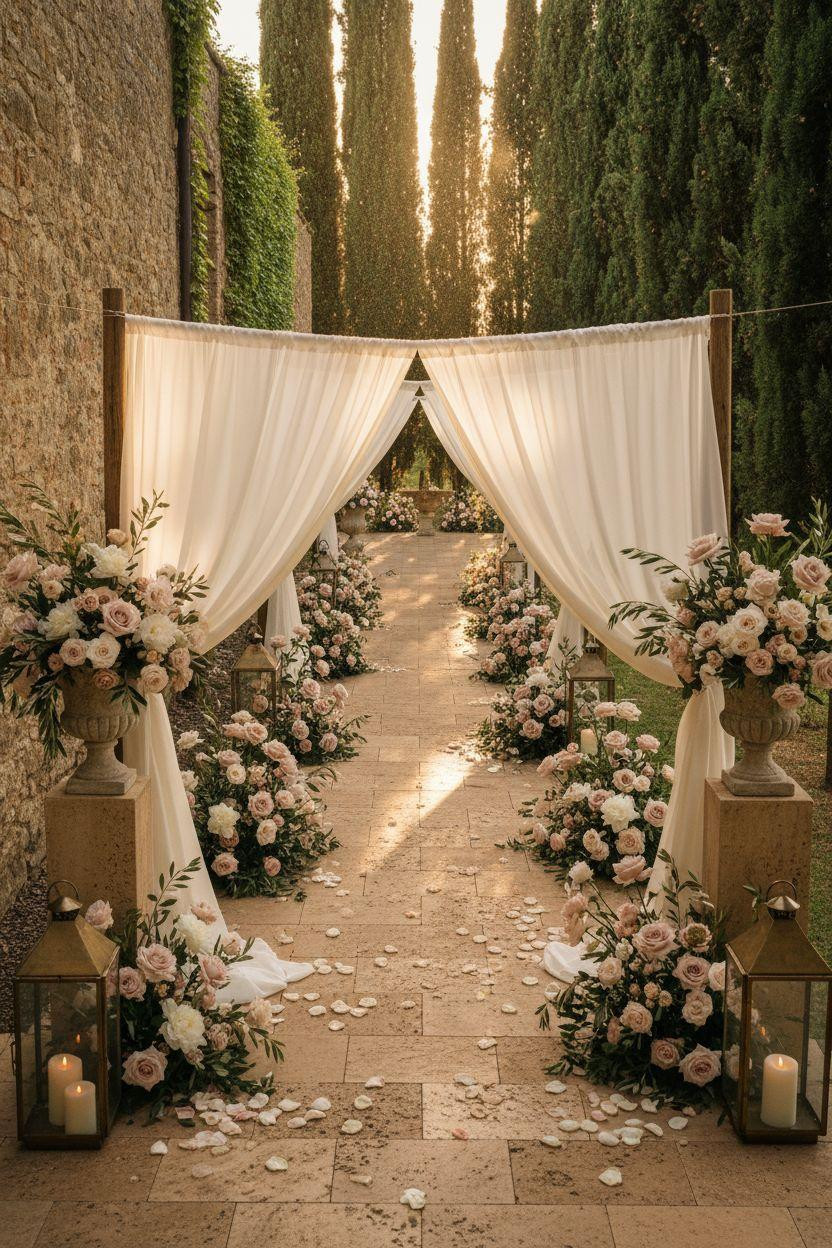 Wedding Walkway - honey travertine stones with silvery olive branches