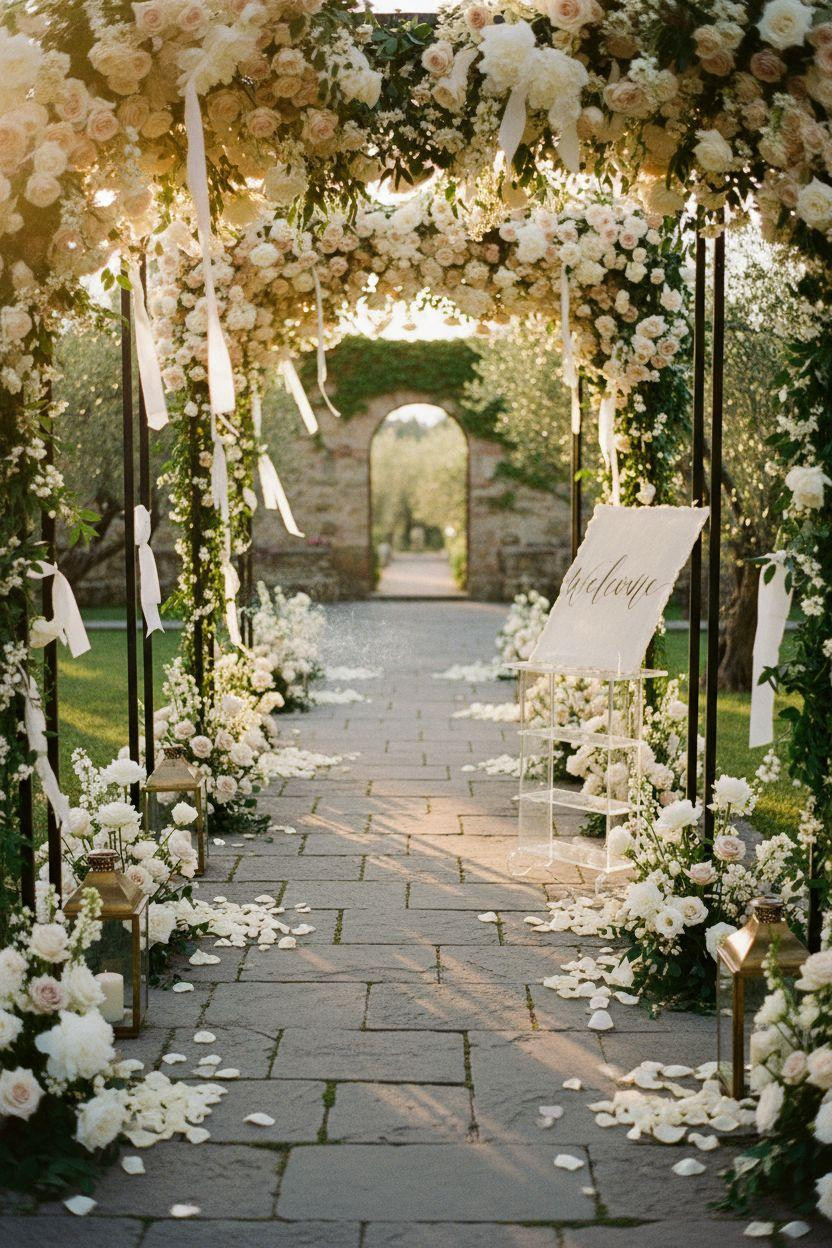 Wedding Walkway - matte black steel frames with hanging floral canopy