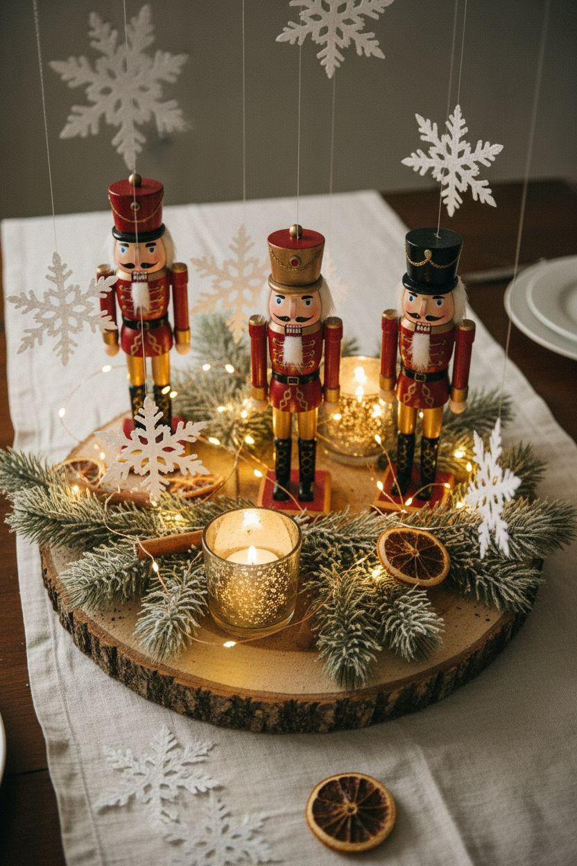 Holiday centerpieces for tables with vintage nutcracker figurines