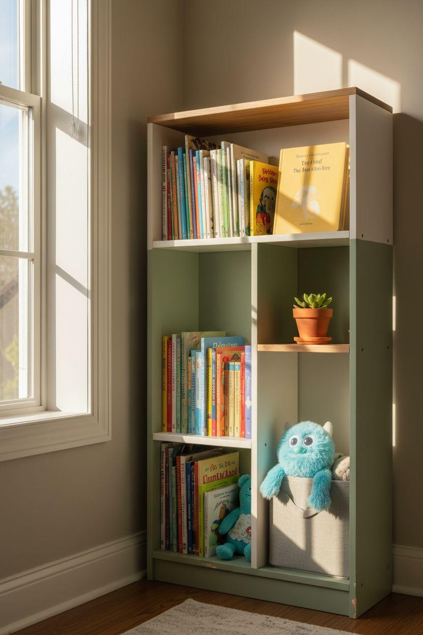 Corner bookshelf - kids corner unit in soft sage green