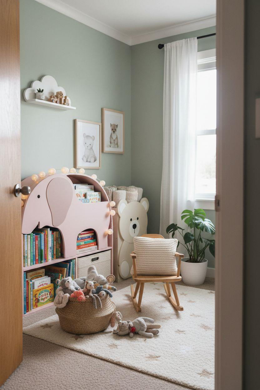 Nursery Bookshelf with animal-shaped shelves and whimsical decor