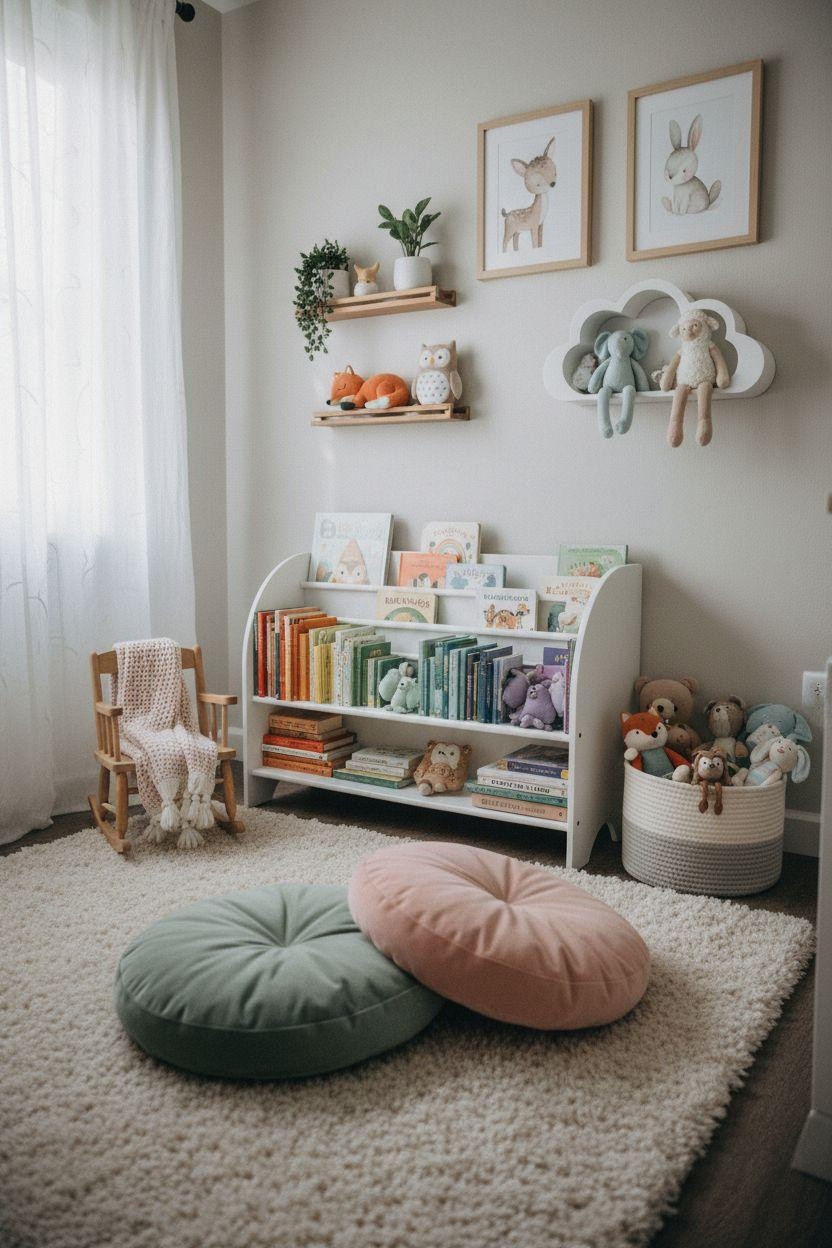 Nursery Bookshelf with rainbow-organized books and reading cushions