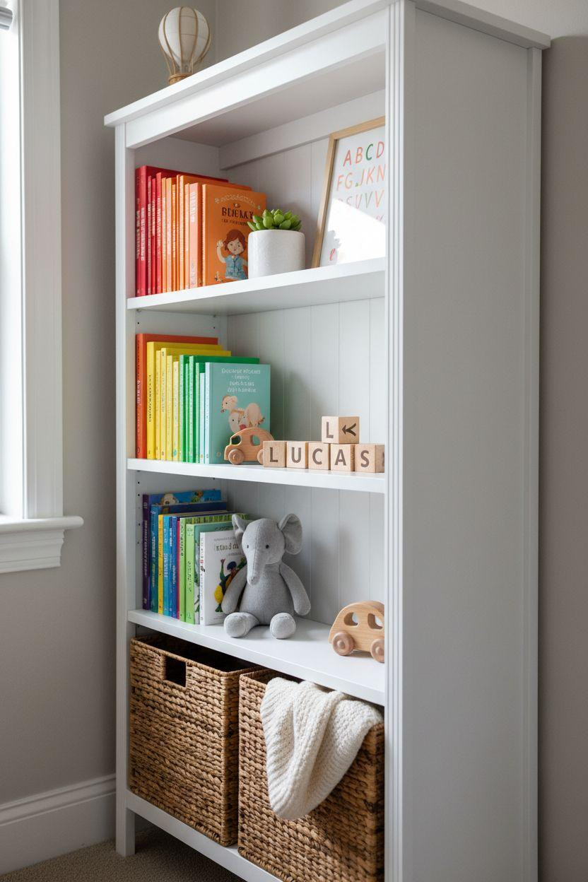 Nursery Bookshelf with rainbow gradient books and toy decor