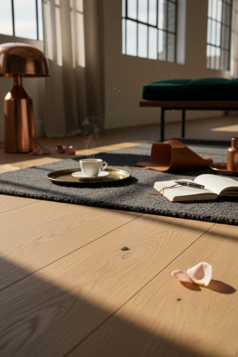White Oak Hardwood Floors close-up with copper accents