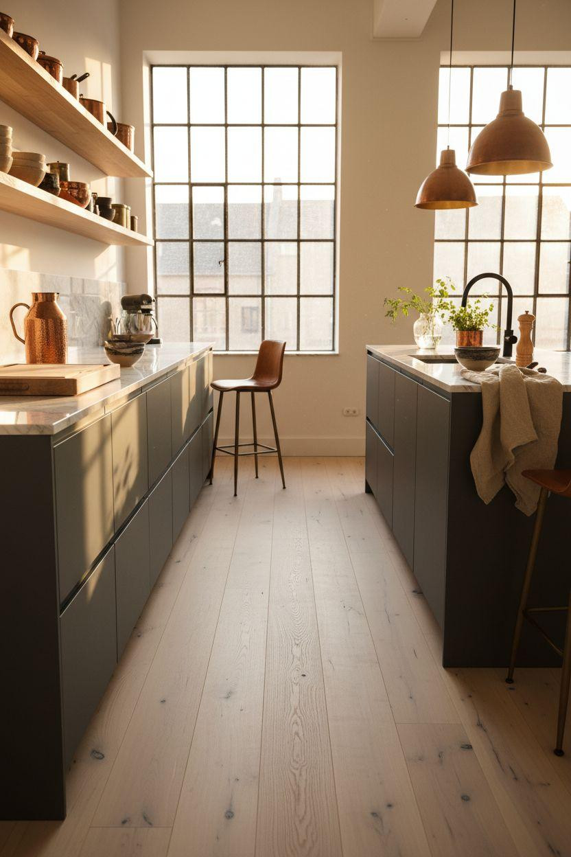 White Oak Hardwood Floors in eclectic kitchen