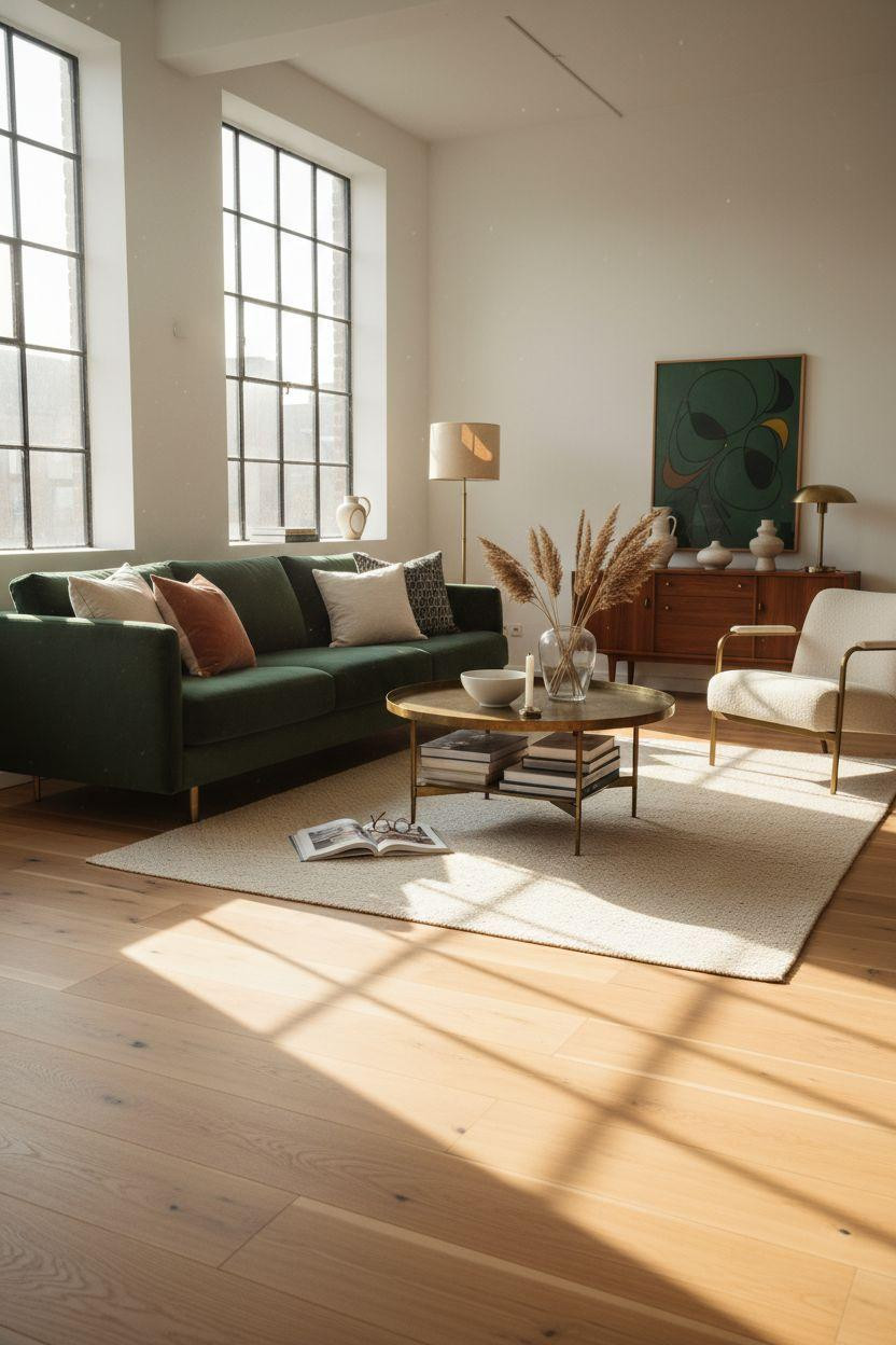White Oak Hardwood Floors with emerald velvet sofa
