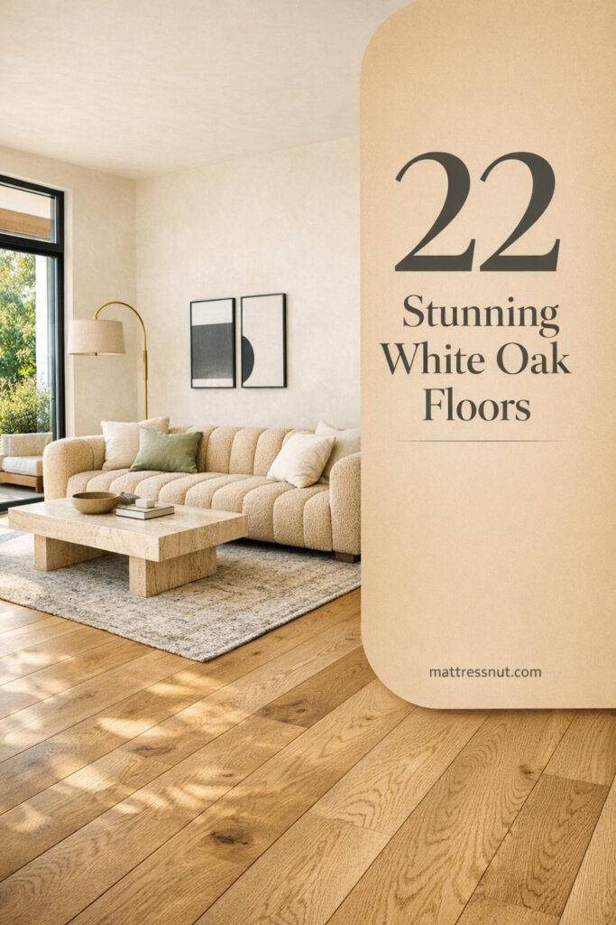Wide-plank white oak floors with natural grain in contemporary living room with boucle sofa, travertine table, windows