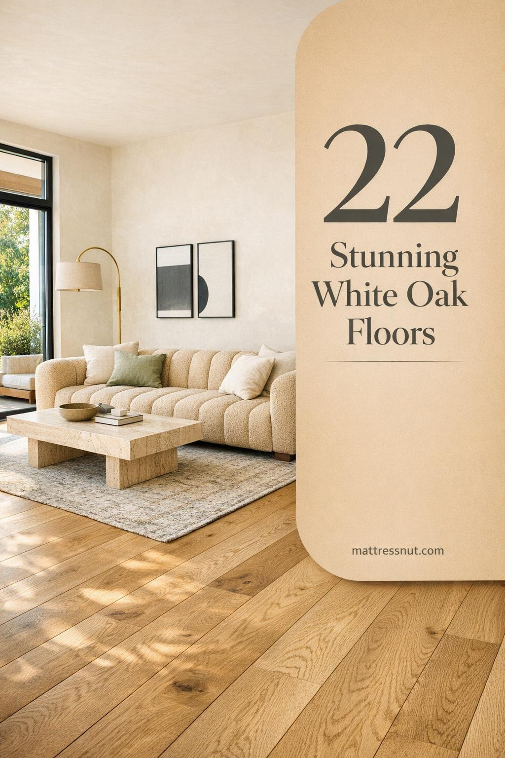 Wide-plank white oak floors with natural grain in contemporary living room with boucle sofa, travertine table, windows