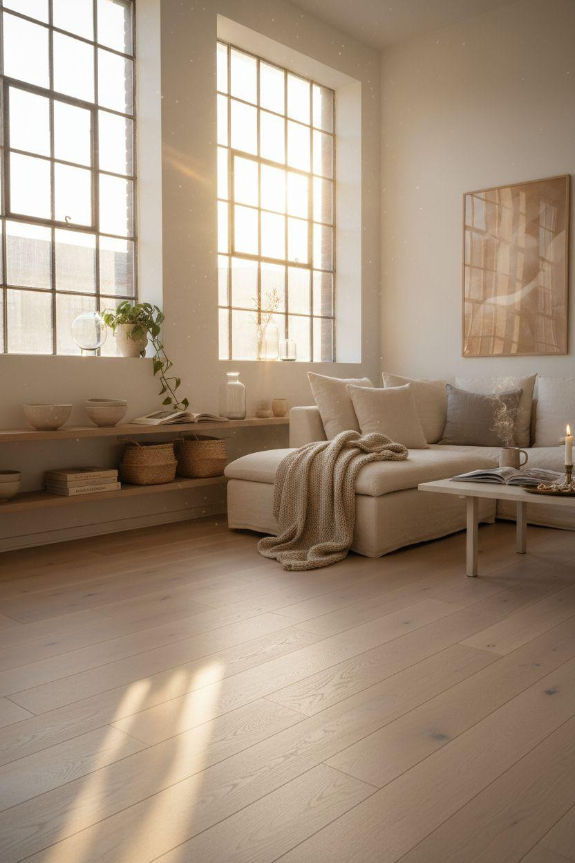 White Oak Hardwood Floors with floating shelves