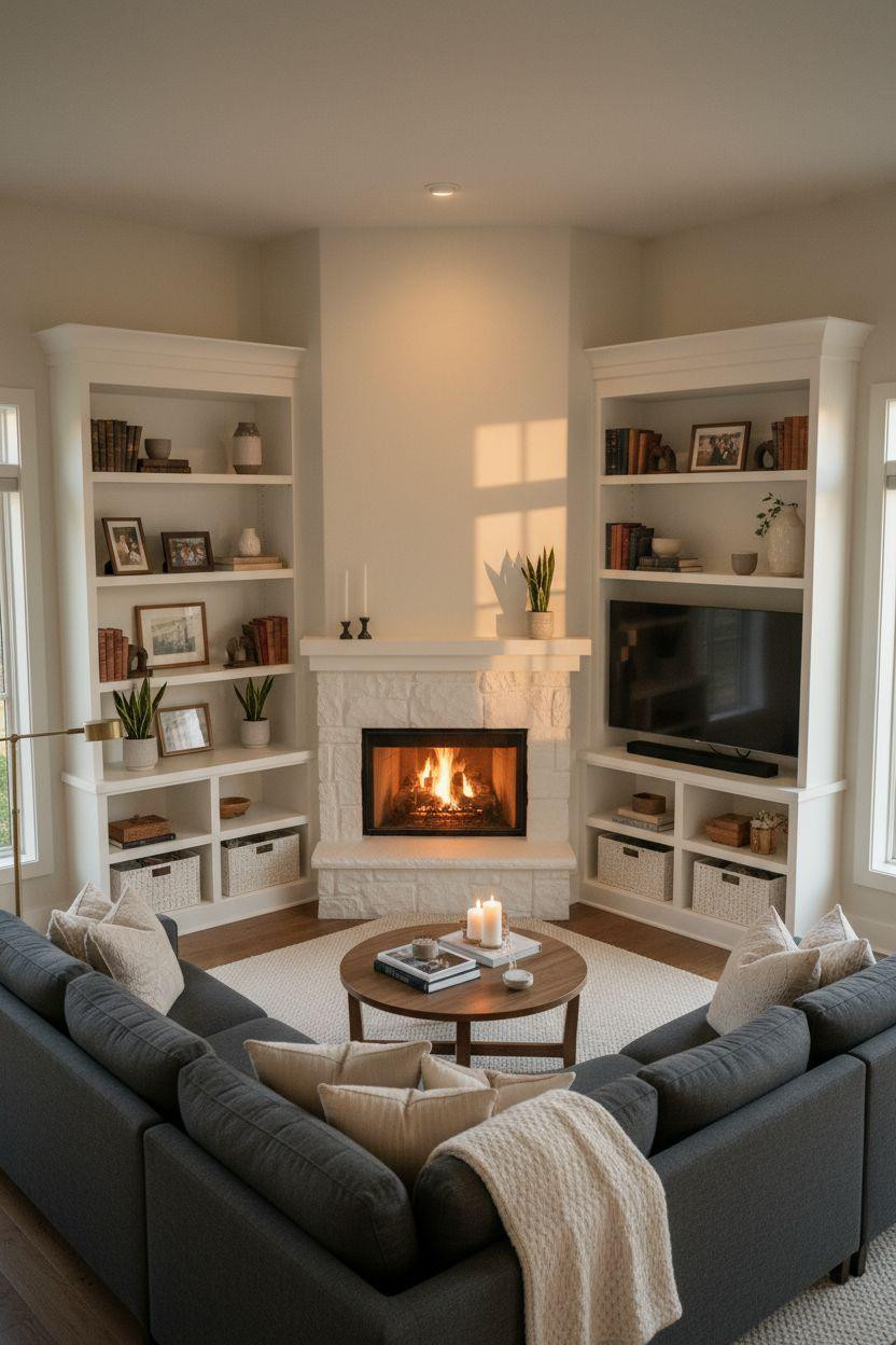 Corner Fireplace Living Room Layout with matching white built-ins
