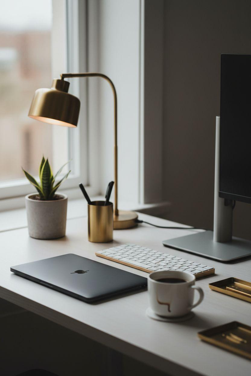 Work From Home Set Up Minimalist - compact corner workspace with brass details
