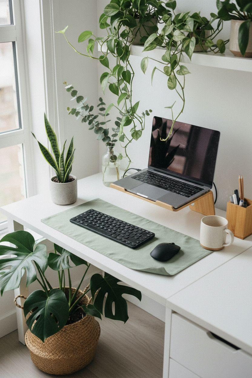 Work From Home Set Up Minimalist - greenery-filled workspace