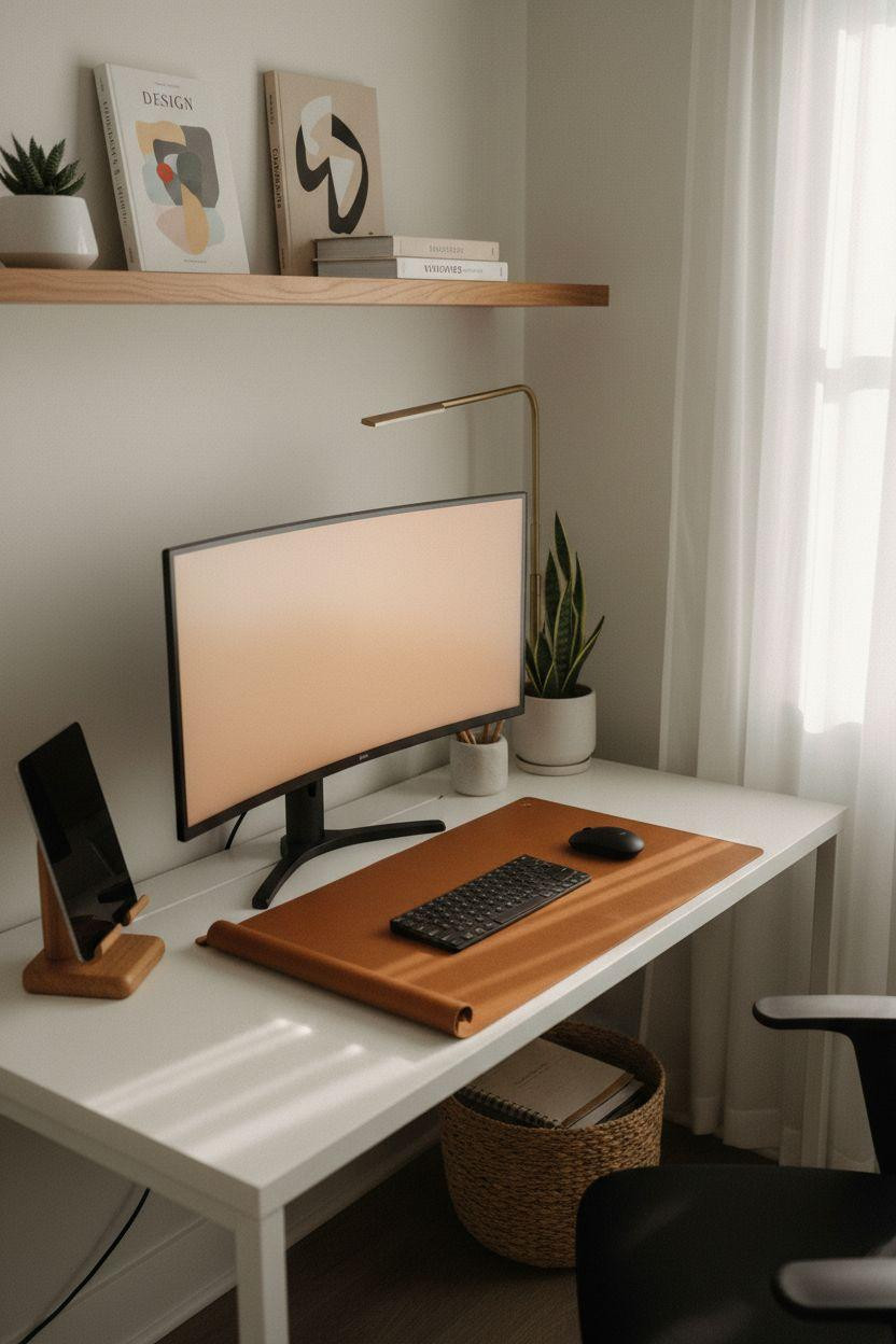 Work from home set up with sleek hardware and curved monitor