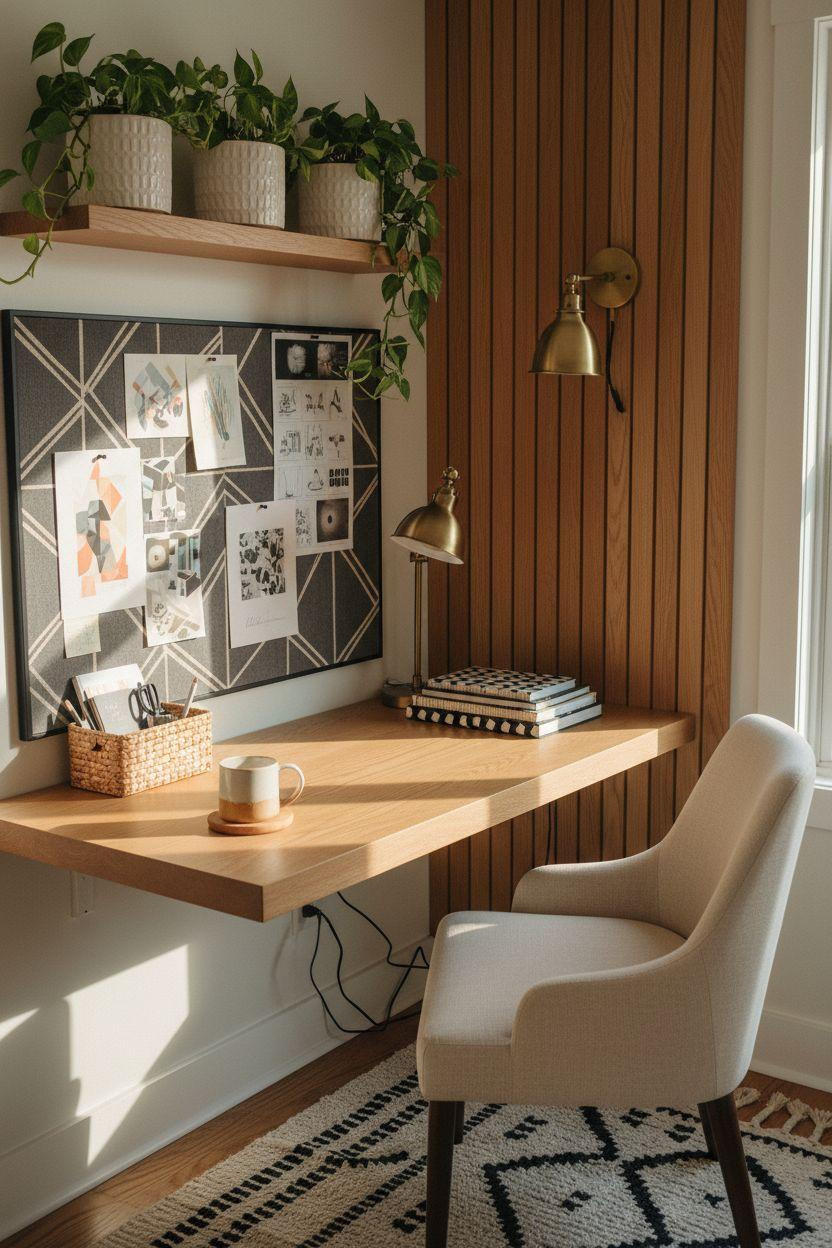Work from home set up featuring geometric patterns and wood slats