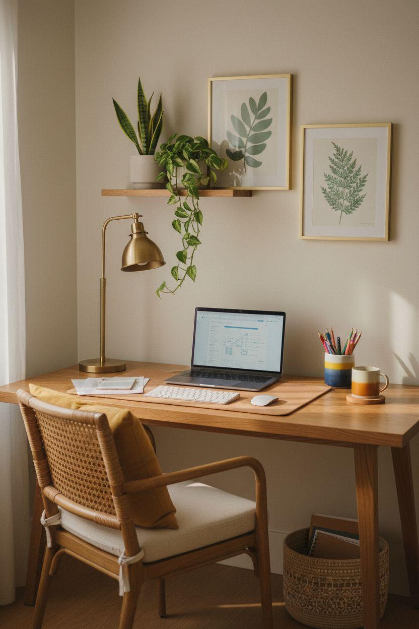 Work from home set up with natural materials and bright colors