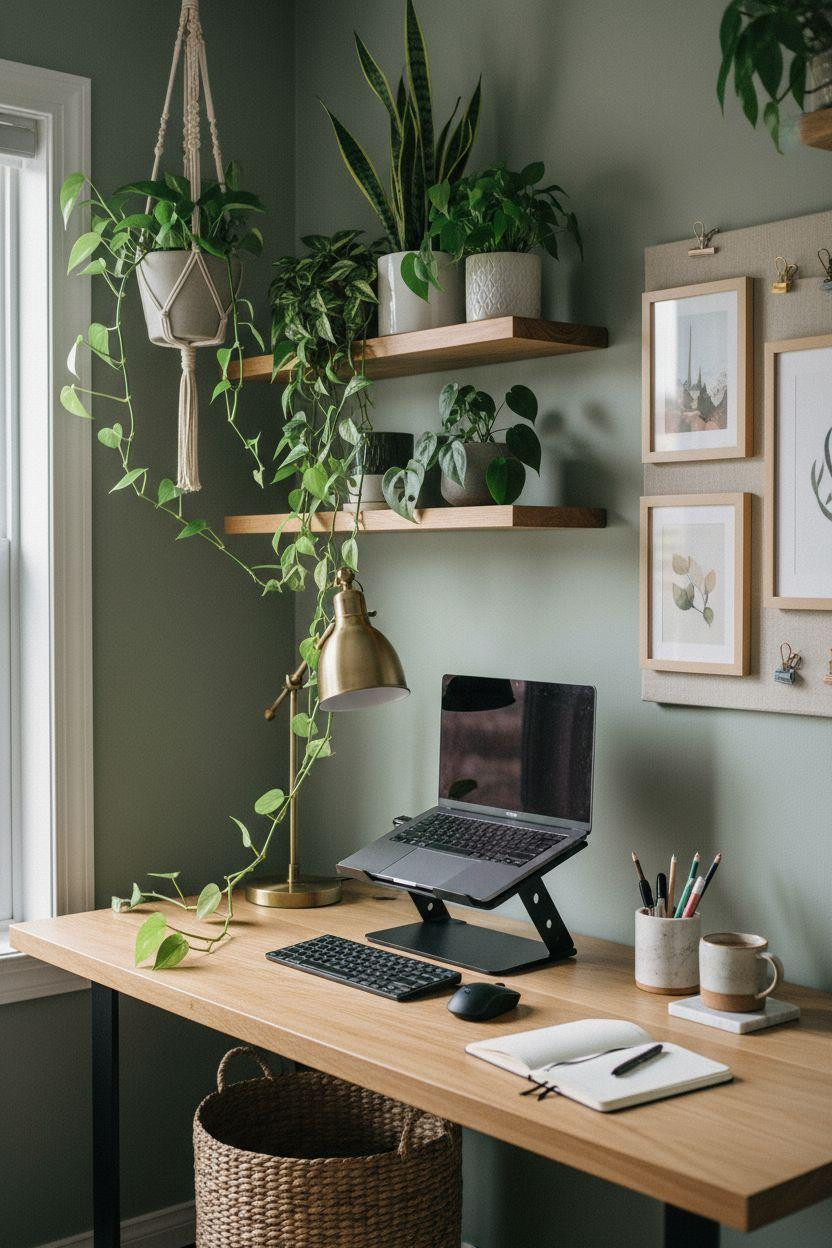 Work from home set up with abundant plants and natural light