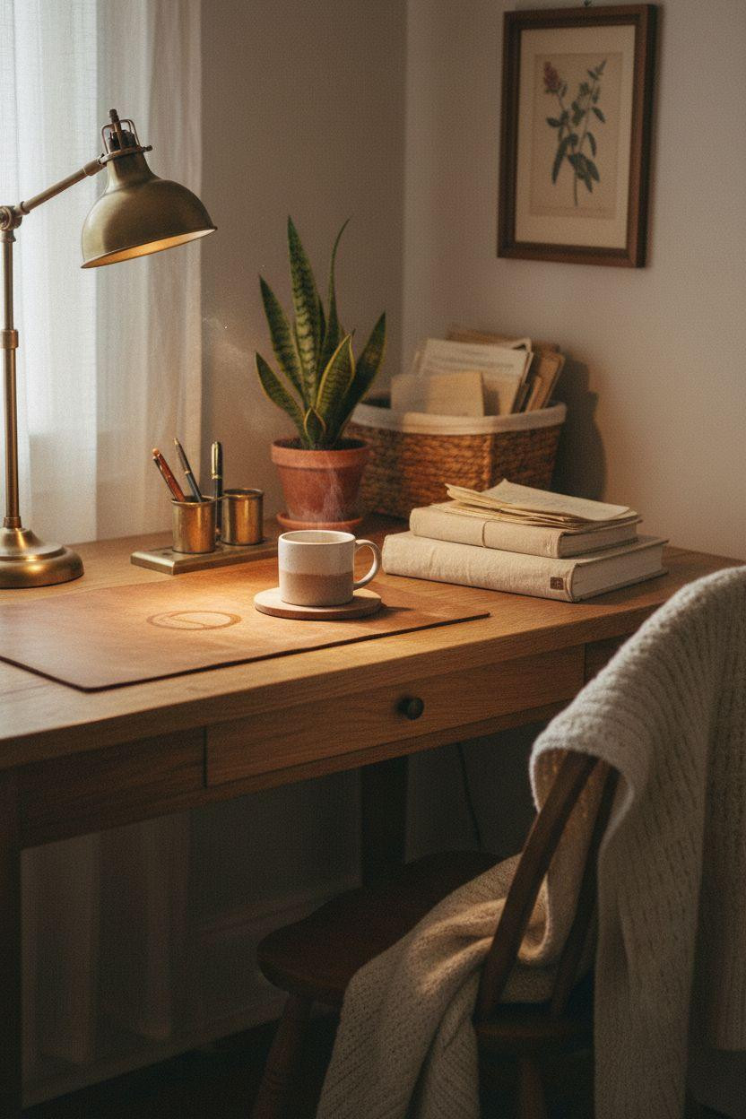 Work from home set up featuring reclaimed wood and vintage style